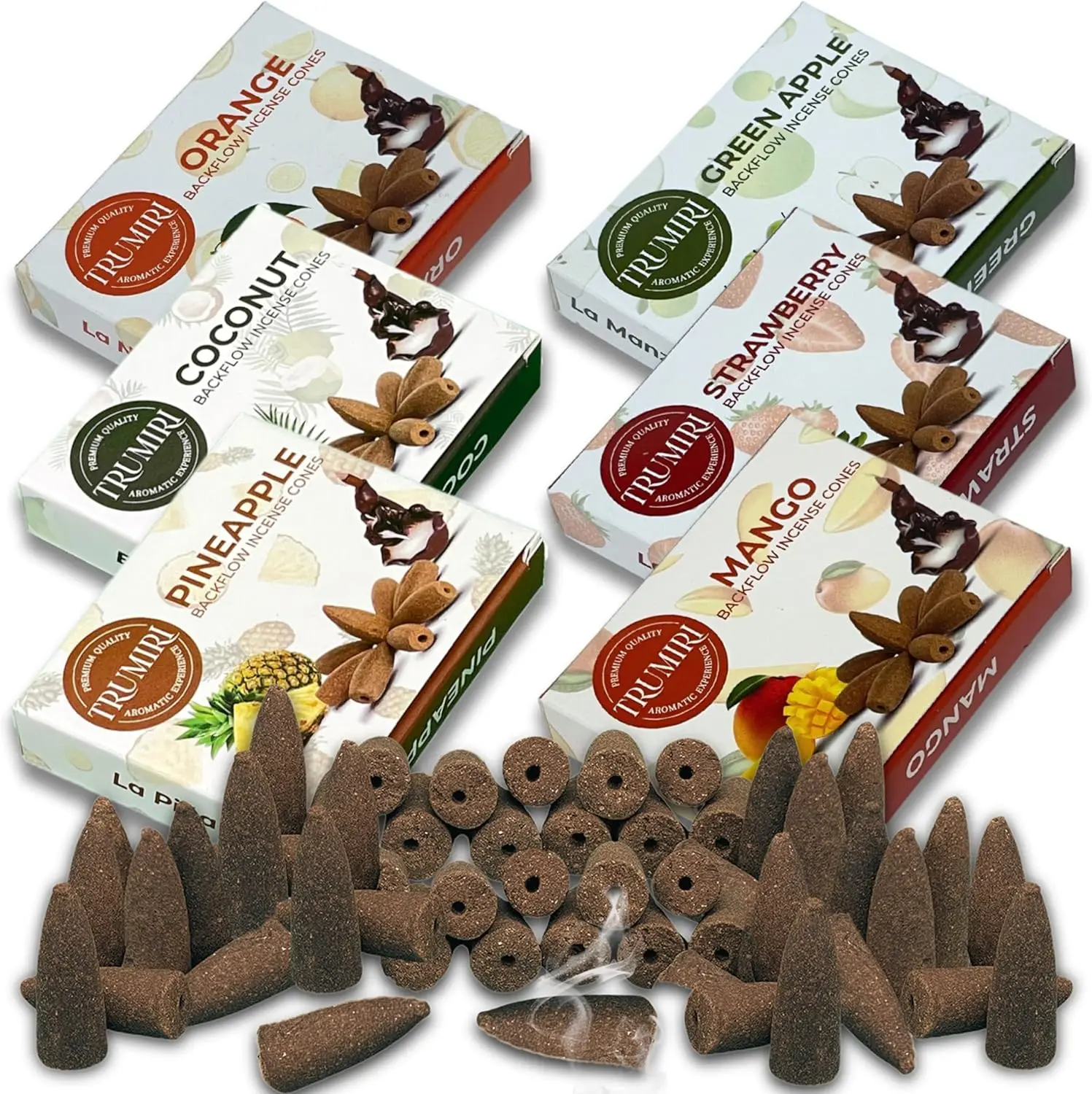 Fruity - Backflow Incense Cones for Waterfall - Scented Inscents-Cones - Pineapple, Strawberry, Coconut, Mango, Apple, Orange - Insiensos Aromaticos - 6x10=60 Large Variety Pack