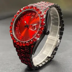 MISSFOX Luxury Rhinestone Coupes' Watch Ice Blue & Red Design Quartz Movement with Calendar Feature Luminous Display