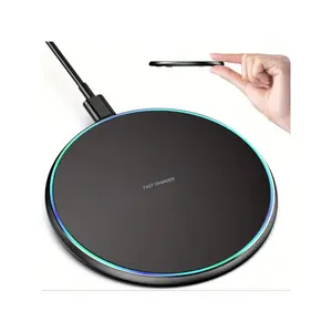 15W Fast Wireless Charging Pad with LED Light - Ultra Thin Round Charger Station for Desk Travel Home Office, Portable Mobile Phone Charger Compatible with iPhone, Samsung Android, Black, Aesthetic, Ideal Gift for Halloween, Birthday, Foldab
