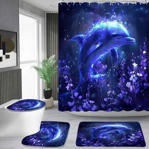 1/4 piece luminous deep-sea dolphin pattern shower curtain set, waterproof shower curtain with 12 hooks, non-slip bathroom carpet, toilet U-shaped cushion, toilet seat cover cushion, bathroom shower curtain set, perfect moving gift.