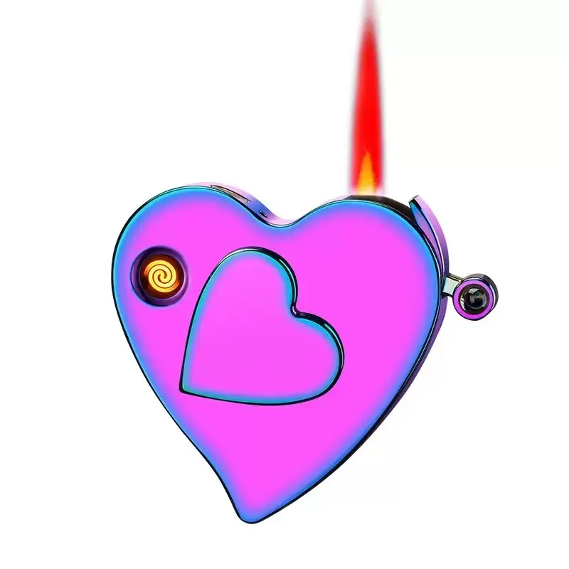 3-in-1 Windproof Red Flame Cute Heart-Shaped Metal Refillable Butane Lighter (Butane Gas Not Included) - Lighter Accessories with Decoration Function, Ideal Gift for Friends