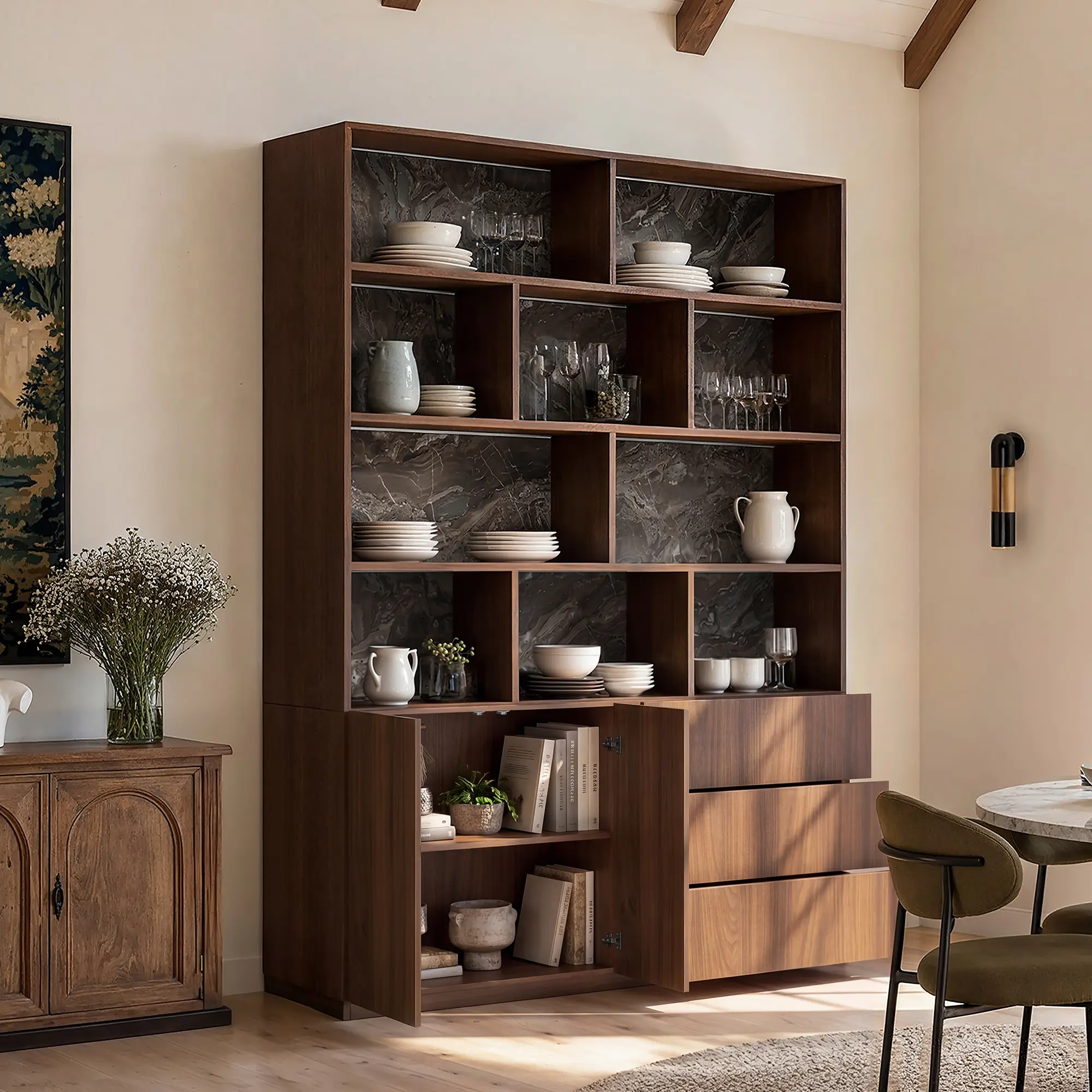 FUFU&GAGA 63" Tall Wood Display Cabinet with Remote LED Lights, Marble Texture Backboard, Soft-Close Drawers & Hidden Freestanding Storage Armoire
