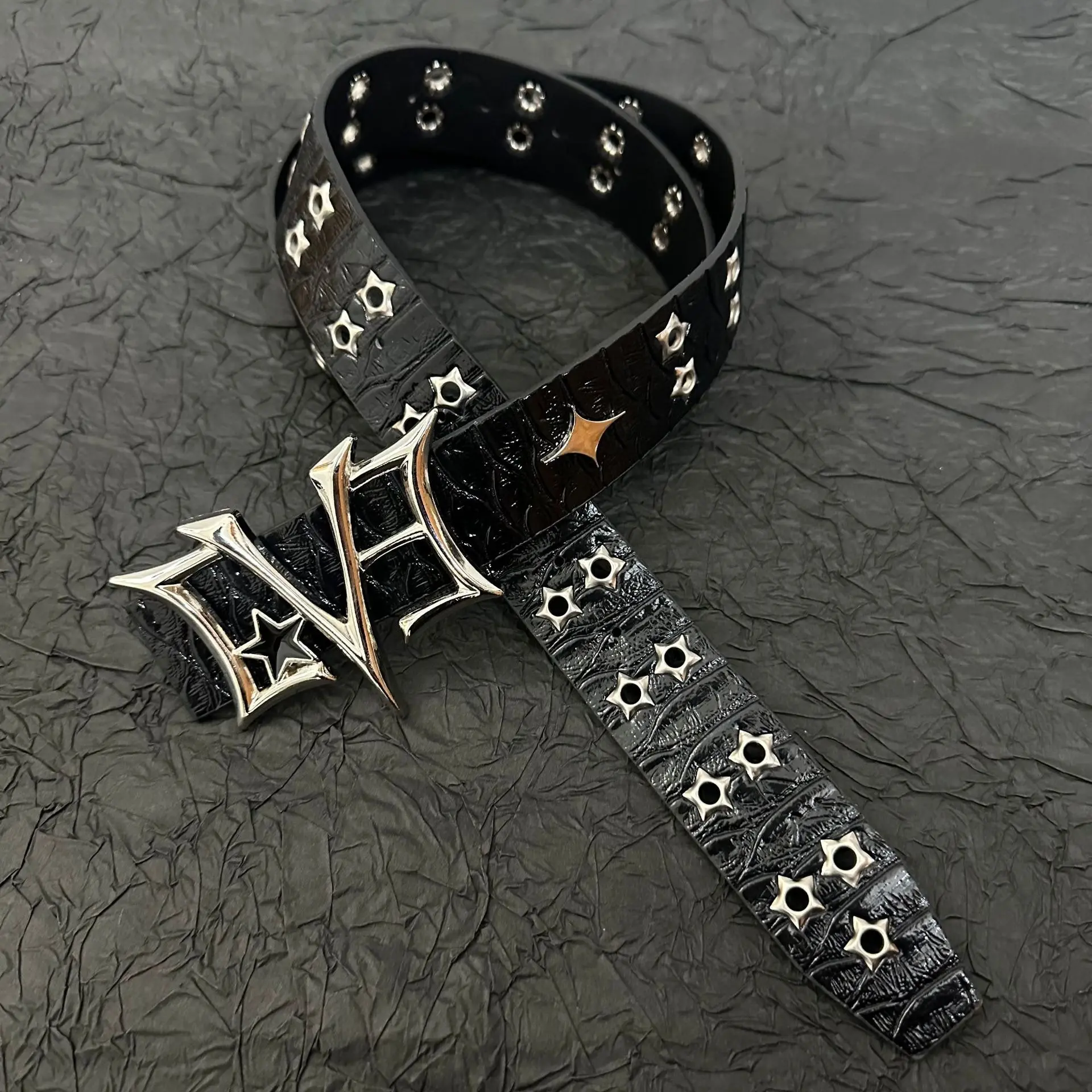 Star Studded Croc Texture Leather Belt Gothic Sharp Metal Buckle Adjustable Waist Strap