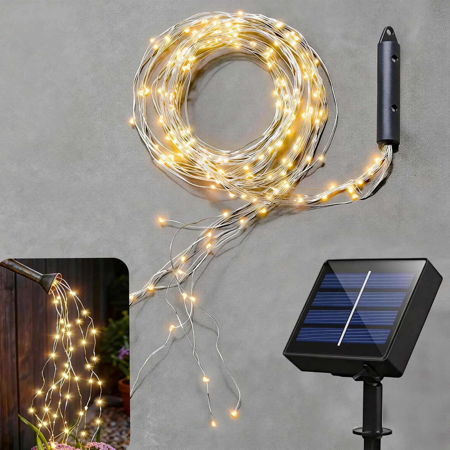 Solar Fairy String Lights Outside, Multi Strand 180 LEDs Watering Can Light for Outdoor,  Solar  Waterfall Lights,  Bunch Lights for Garden Decor, Warm White