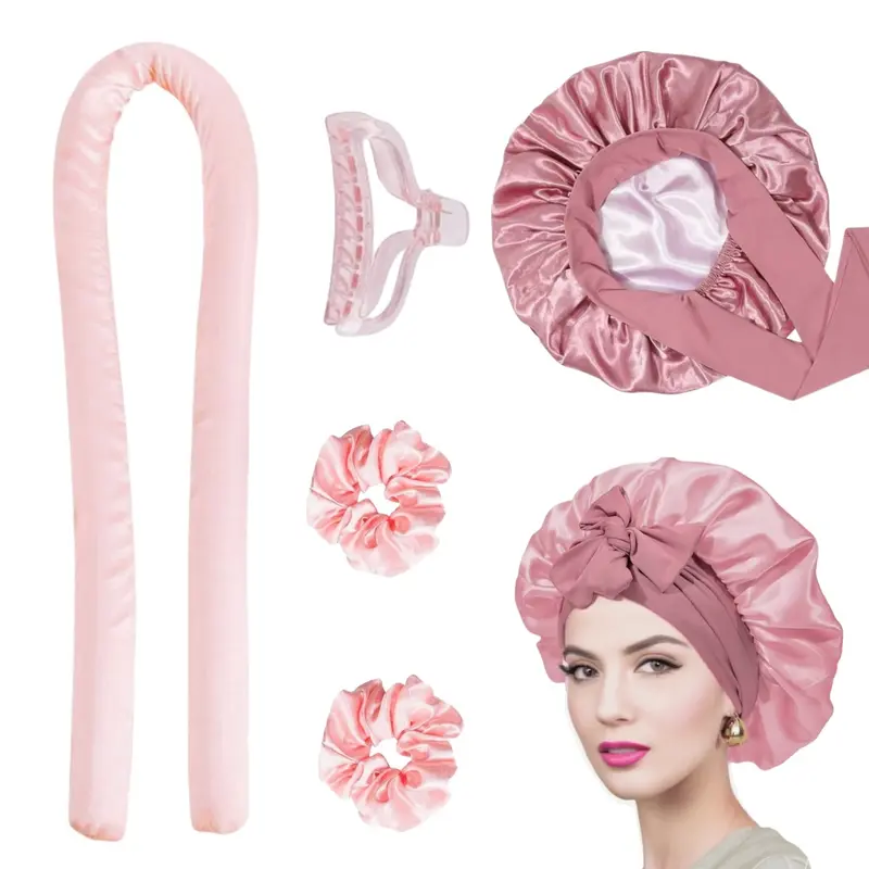 Heatless Hair Curler Kit Silk Double Layer Bonnet With Heatless Curling Rod Set, Overnight Curl Kit To Sleep In, Satin Lined Hair Bonnet And Heatless Curls Headband For Women Natural Curly Shower Cap Sleep Cap Home Bathroom Decor Summer Back To School