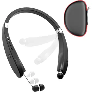 Bluetooth Neckband Headphones, Foldable Wireless Lightweight Neck Headset with Retractable Earbuds, Noise Cancelling Sweatproof Stereo Earphones with Mic & Carrying Case (Black)