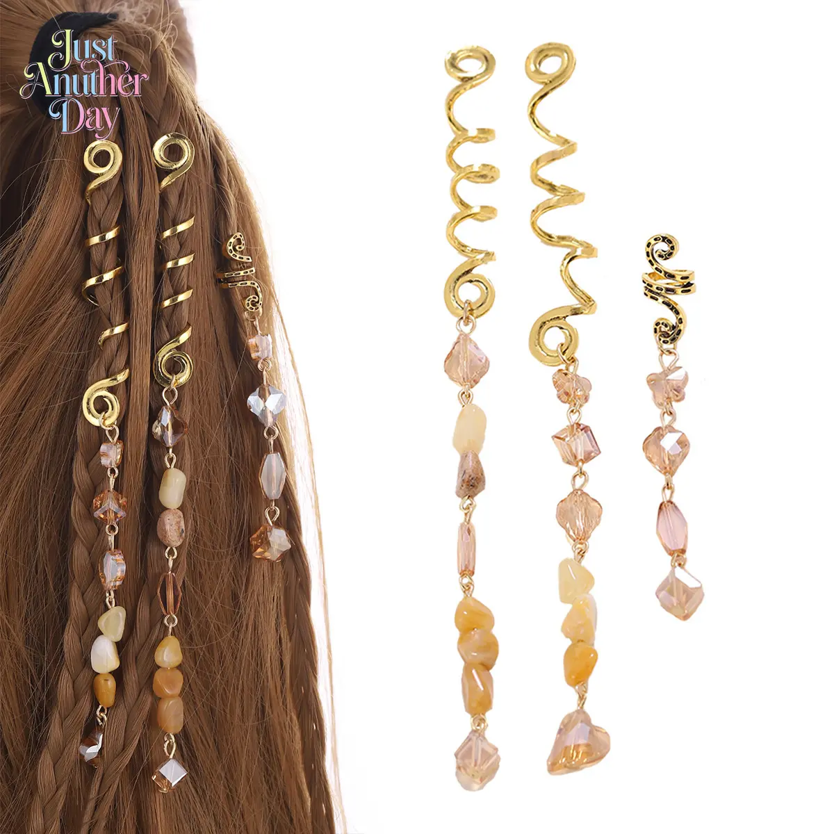 3-Pack Snake Spiral Hair Coils with Crystal Pendants, Bohemian Hair Accessories for Dreadlocks, Stylish Beaded Charms for Braids