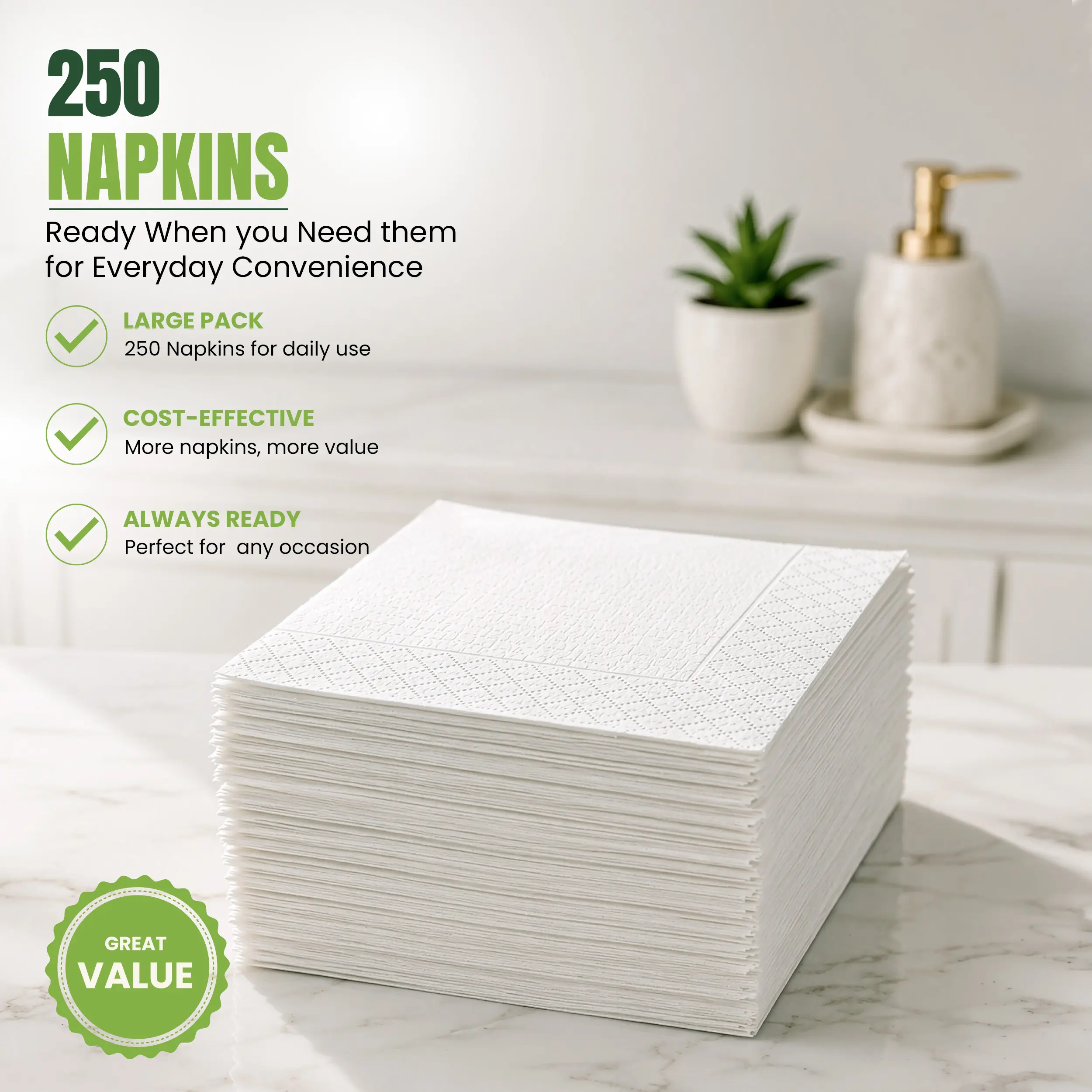 Freshware 250-Count 2-Ply 4.9x4.9 inches Eco-Friendly Disposable Paper Napkins with Storage Bag, for Home, Bonfire, Anniversary Ceremony, Disposable Tableware Home & Festive Supplies