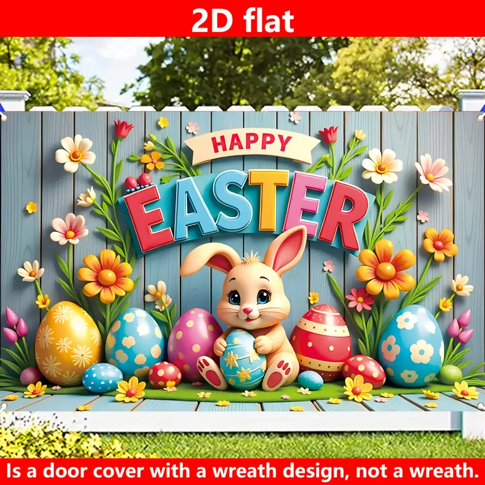1PC Reusable Polyester Flat 2D Easter Backdrop - Cute Rabbit, Colorful Eggs, Flower Decor, Party Decorations Banners, Wall Decor Banner, Birthday Photo Booth & Easter Photography Prop, Indoor/Outdoor
