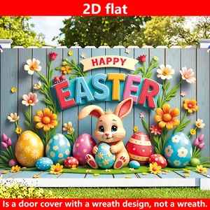 1PC,2D Flat Easter Theme Backdrop, Cute Rabbit & Colorful Eggs Floral Decor Party Photography Background, Festival Decoration Photo Prop Backdrop