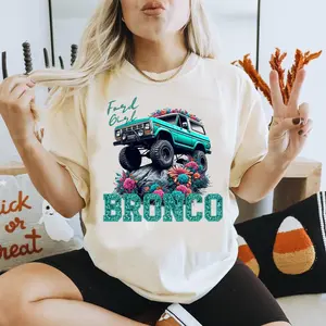 Ford Girl Bronco T-Shirt-Vintage Off Road Bronco Floral Graphic Tee-Glitter Bronco Comfort Colors Style Oversized Shirt-Trendy Aesthetic Bronco Lover Gift for Her