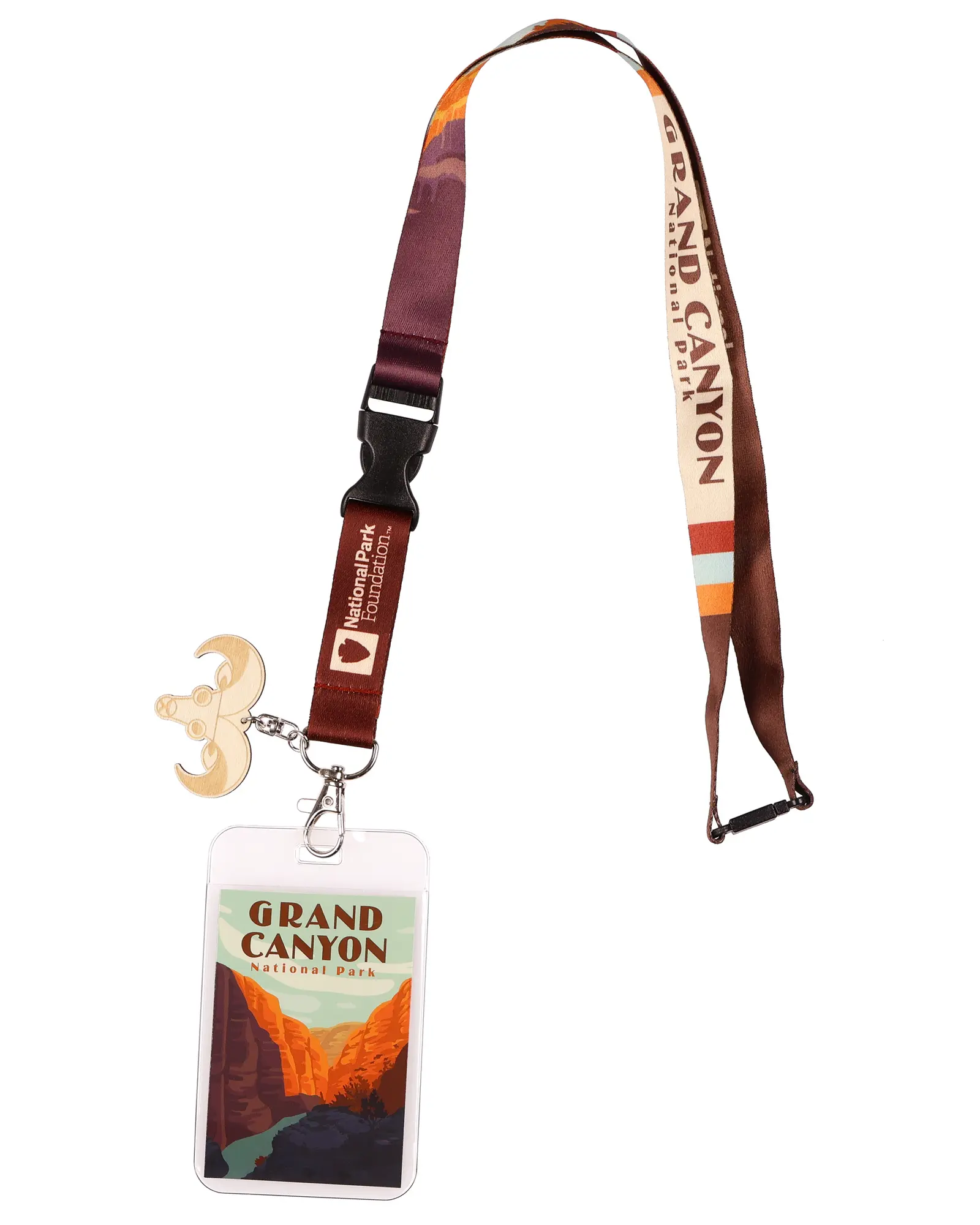 Grand Canyon National Park Lanyard With Wooden Big Horn Sheep Charm Breakaway Clasp and Clear ID Holder Keychain