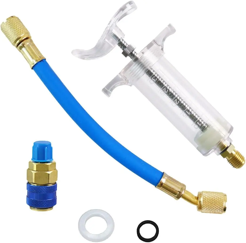 AC Oil Dye Injector Kit, 30ml 1 Oz Hand Push Manual Car HVAC Oil Injector with Quick Coupler 1/4 SAE Connector, Auto AC Refrigerant Compressor Tool for Car HVAC System