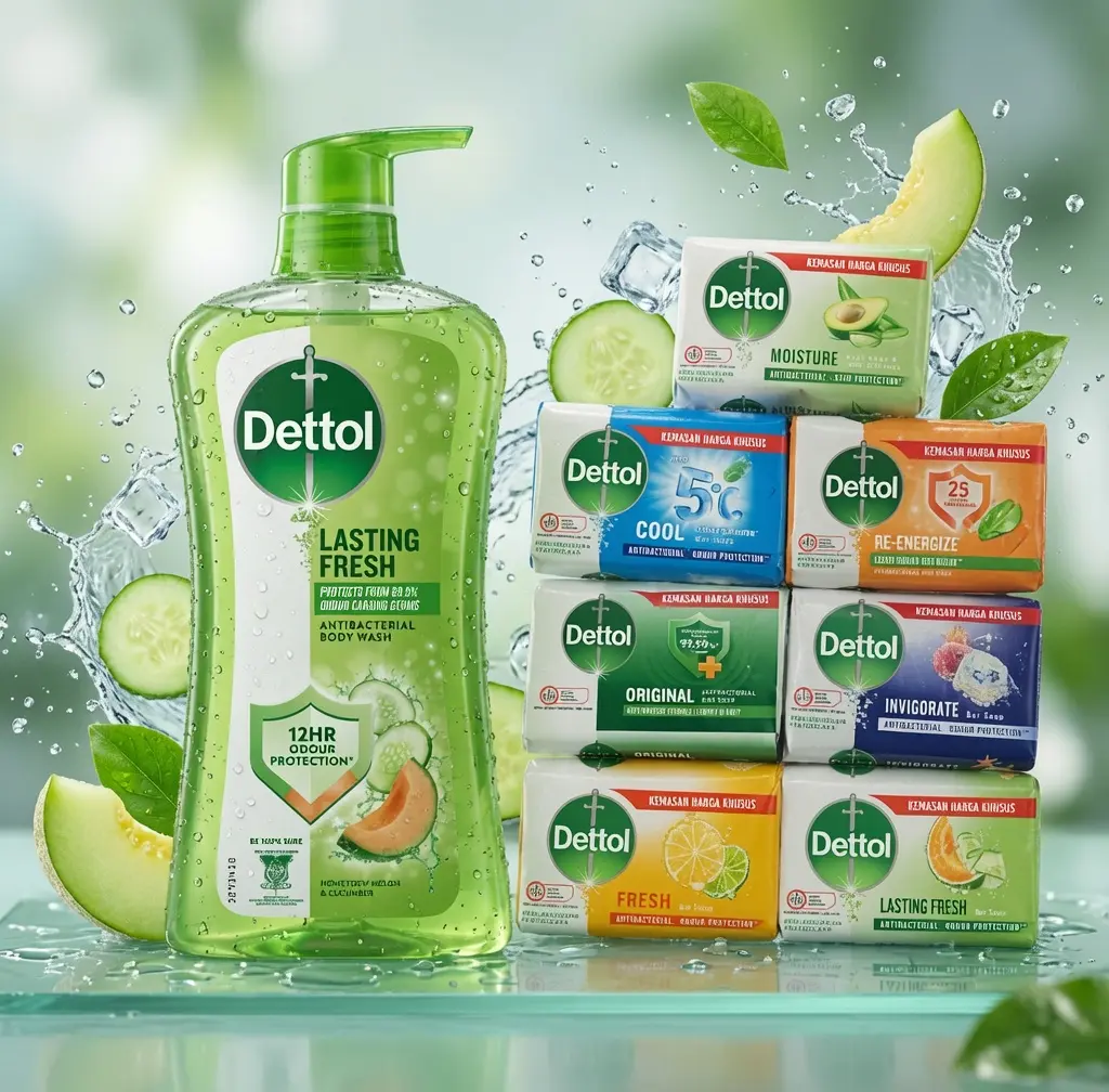 Dettol Antibacterial Body Wash & 3 Soap Bars  Lasting Fresh Honeydew Melon Cucumber Scent Skin Repair