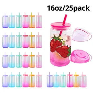 25-Pack 16oz Ombre Sublimation Glass Cups with Colored Plastic Lids, Straws and Box, Transparent Gradient Drinkware for Coffee