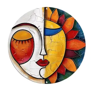 Stained Glass Sun And Moon Face Vintage Rustic Aluminum Metal Round Wall Sign, 8-inch Indoor Outdoor Gifts And Decor for Home, Office, Cafe & Yard Farm