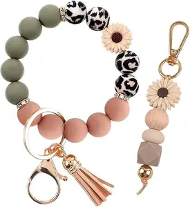2PCS Bracelet Key Ring Set, Cute Car Key chain Wristlet, Silicone Beaded Bangle keyChains for Women Girls