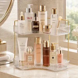 2 Tiers Corner Bathroom Counter Organizer, Clear Countertop Shelf Storage Rack, Cosmetic Perfume Tray Standing Holder with Gold Metal Pole, Skincare Sink Organizer for Vanity Kitchen Transparent Smooth
