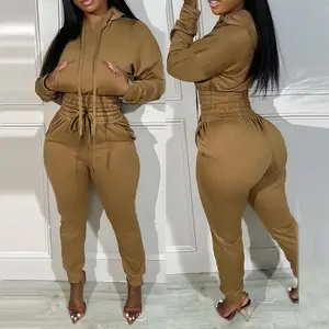 ChicMe Women's Shirred Waist Tracksuit Set - Lounge Hoodie & Joggers with Pocket, Cuffed Casual Athletic Jogging Activewear, 2 Piece Outfits