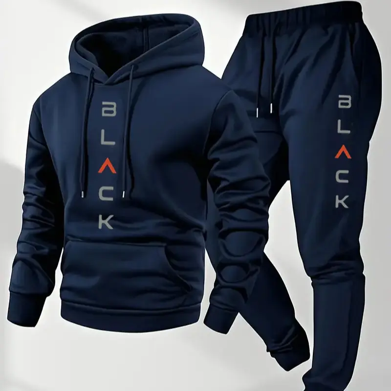 Men's 2-Piece Athleisure Clothing Set - Bold Black Print Hooded Top for Easy Style, Non-Stretch Gray Hoodie & Joggers, Cozy Fall Winter Casual Streetwear Sporty Outfit, Athleisure Men's Clothing Sets, Hoodie And Sweatpants Pants & Top Sets