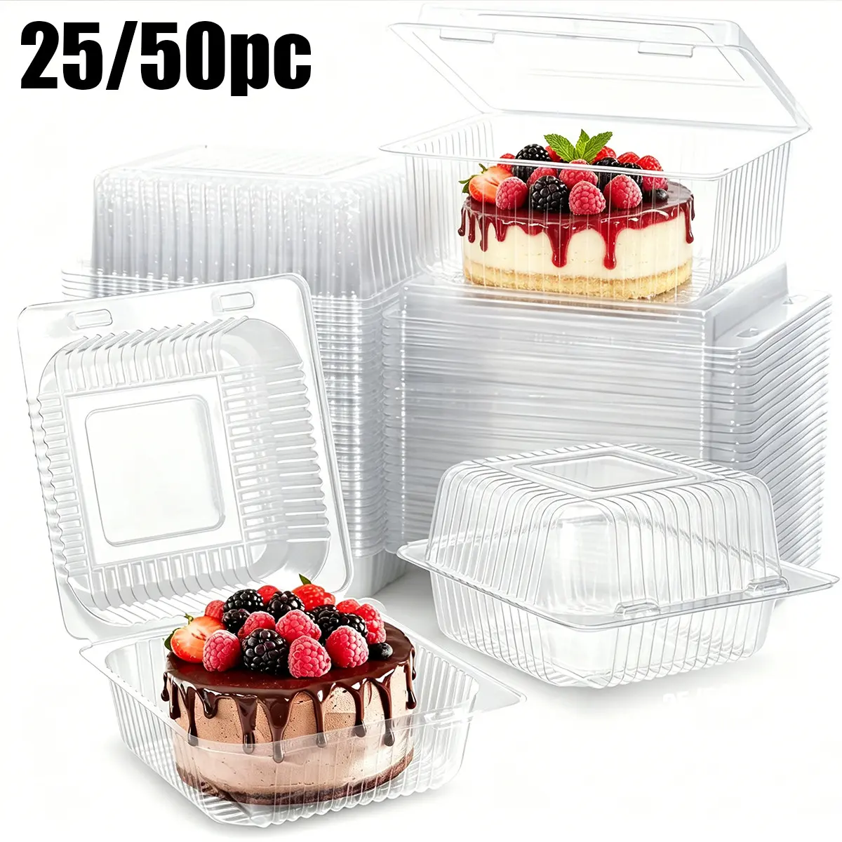 25/50pc Square Food Storage Boxes with Lids, Clear Cake Containers Plasticware for Baking, Picnics, Parties, Ideal for Cakes, Cookies, Hamburgers, Salads, Swiss Rolls