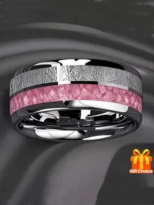 Men's Stainless Steel Ring with Rose Quartz and Meteorite Inlay, Romantic and Elegant Titanium Steel Jewelry Gift for Women, Dainty Stacking Rings, Stackable Rings, Unique Rings