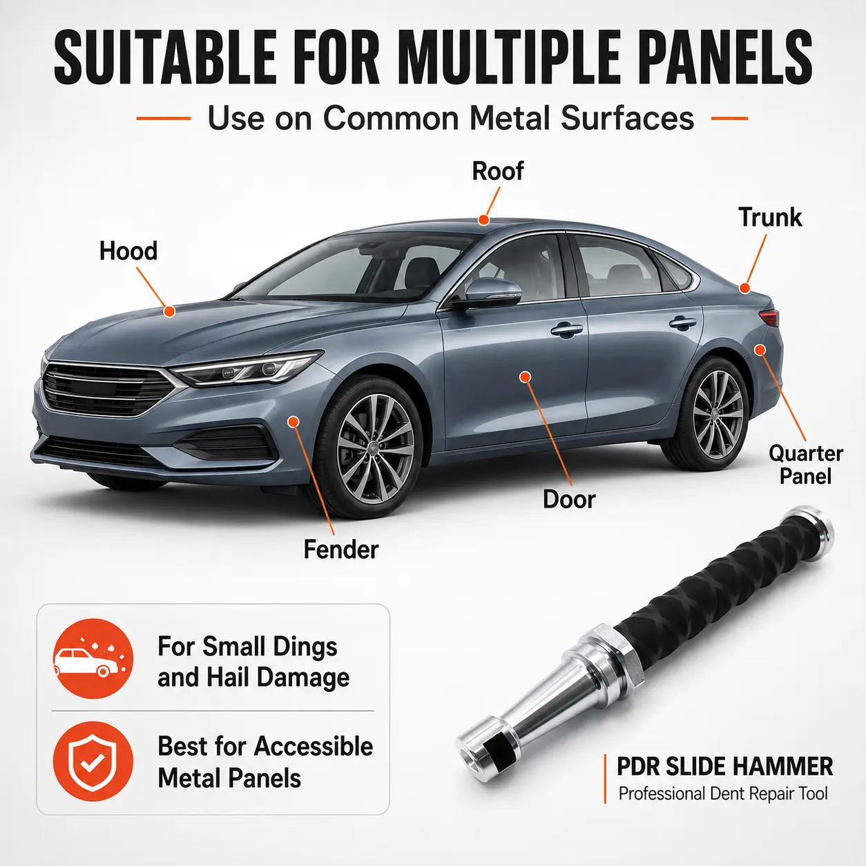 Paintless Dent Repair Slide Hammer, 1-Piece Solid Metal Rod with Rubber Grip, Spring Puller for Car Body Hail Dings, Door Panels, DIY or Body Shop Use