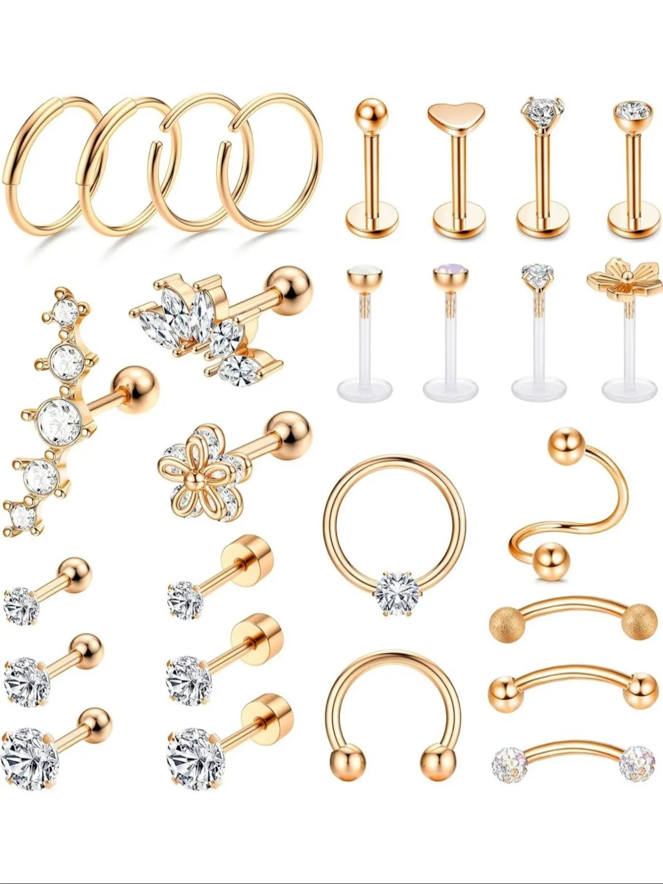 Mixed Style Rhinestone Decor Studs & Hoop Earrings Set, Shining Earrings, Stainless Steel Hoops Helix Piercing Tragus Earrings, Fashion Flat Pierced Jewelry for Women & Men