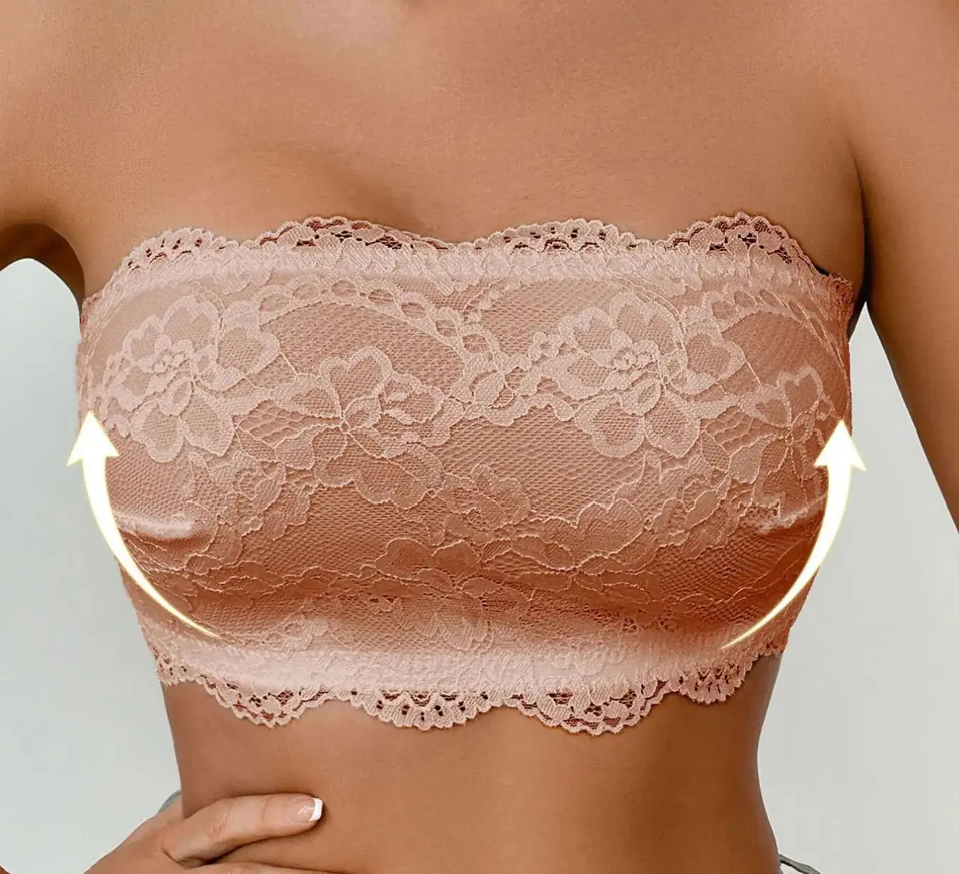 Women's Strapless Lace Bandeau Bra - Push-Up, Anti-Slip, Backless, Wireless, Invisible Bralette for Dresses, Off-Shoulder Tops | Womenswear Style Apricot
