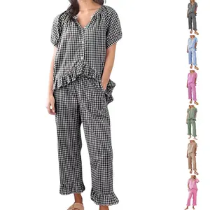 WoodBerry Womens Plaid 2 Piece Pajamas Sets Gingham Button Down Puff Sleeve Babydoll Shirt Ruffle Pants Y2K Pjs Lounge Sleepwear Set Comfort Outfit