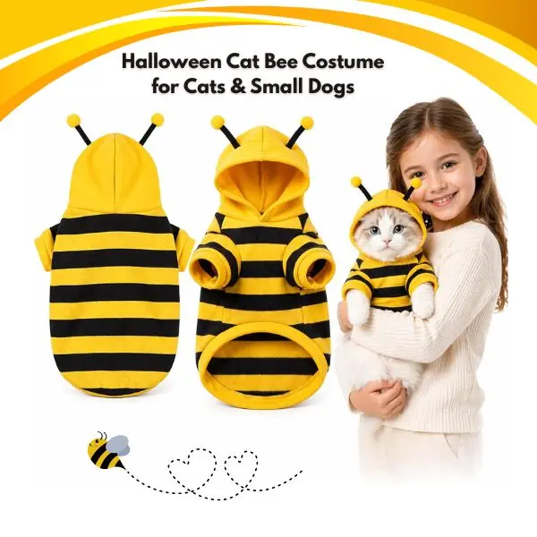 Halloween Cat Bee Costume for Cats & Medium Dogs, Bumble Bee Pet Costume, Soft Fleece Hoodie with Antennae, Funny Pet Halloween Costume, Puppy & Kitten Outfit, Pet Photo Prop