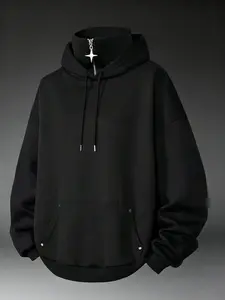 Large Size Men's Spring & Fall Fashion Plain Half-Zip Hoodie, Casual Loose-Fitting Pullover, Trendy Streetwear for Daily Wear