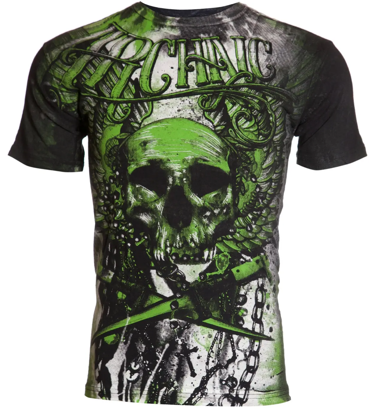 Archaic By Affliction Men's Round Neck Cotton Streetwear Tee - Black Mineral Wash Short-Sleeve Casual T-Shirt with Skull Print, Cadaverous Design, Tshirt