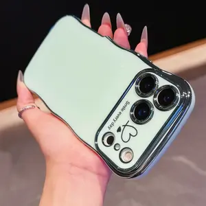 for iPhone 17 Pro Max 16 15 14 13 12 Case for Women Girls, Cute Wave Frame Curly Shape with Love Heart Pattern Raised Camera Protection Cover Luxury Plating Shockproof Phone Case