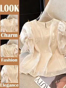 Elegant Women's Floral Embroidered Bubble Sleeve Blouse, Glossy Woven Organza Round Neck Top, Casual Fitted Shirt for Work/date/formal Occasions