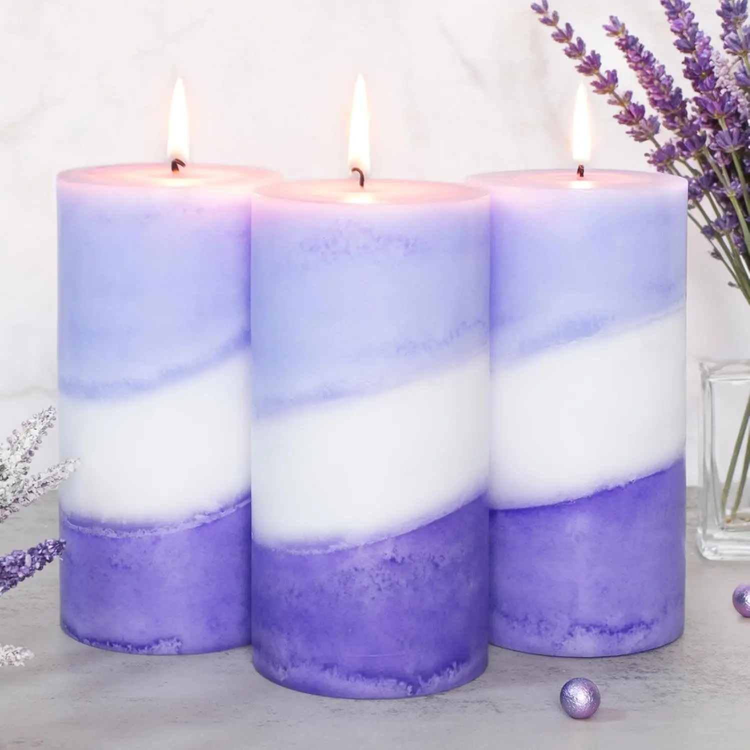 3x6 Inches Purple Lavender Scented Pillar Candles, Hand-Poured Long Burning Floral Aromatherapy Gradient Fragrance Light, Cozy Home Decor Centerpiece for Relaxation, Ideal Gift for Bedroom Use, Set
