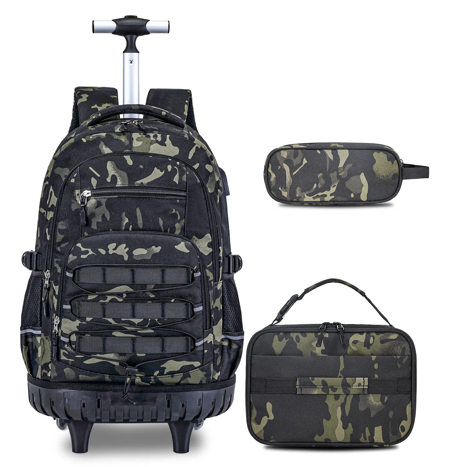 SIMILOVE Camo Convertible Tactical Rolling Backpack Set for Boys - School Supplies with Wheels, Lunch Bag, Pencil Case, Gear Attachment - Ideal for Middle School Teens