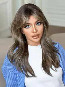 22 Inch Honey Wavy Women's Wig with Bangs, Elegant Layered Synthetic Heat Resistant Hair for Daily Wear and Special Occasions, Synthetic Material Wigs