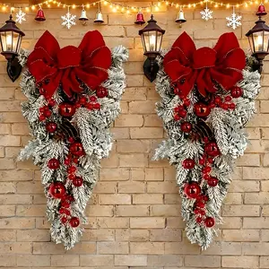 Nordic Christmas Wreath Garland with Bow & Foliage, 60cm Elegant Stair & Door Hanging Decoration, Durable Plastic Holiday Decor