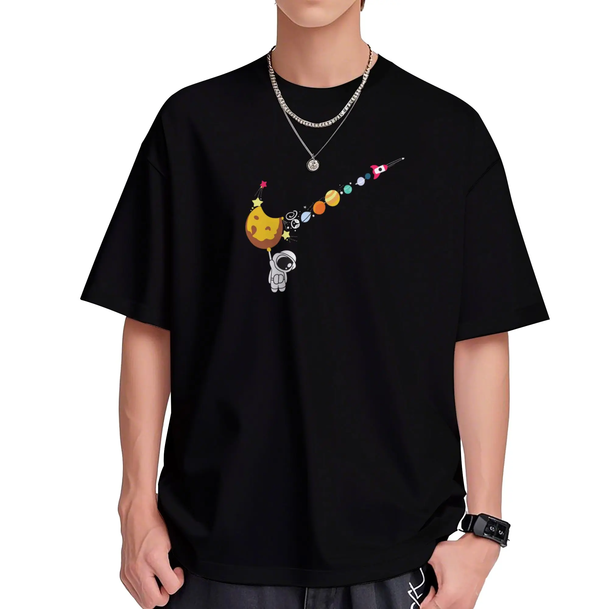 Men's fashion cotton graphic T-shirt featuring space planet elements, breathable and comfortable, machine washable, unisex design, perfect for summer casual wear. Streetwear Round Neck Outfit Stylish Menswear Tops