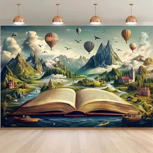 1pc 2D Flat Background Banner with Open Book, Mountain Landscape & Hot Air Balloons Design - Adventure Exploration Theme Photography Backdrop for Birthdays, Weddings, Outdoor Parties, Beach Celebra