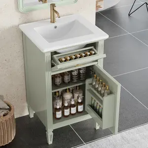 20-Inch Green Bathroom Vanity with Sink, Solid Wood Legs, Adjustable Shelf, Tilt-Out Drawer, Zinc Alloy Knobs, Modern Freestanding Cabinet for Small Bathroom, Single  Bathroom Vanity with Storage