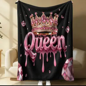 Sparkling Pink Crown Queen Pattern Blanket, 1 Soft, Warm And Lightweight Single-Sided Printed Plush Blanket, Suitable For Bed, Sofa, Car, Room Decoration