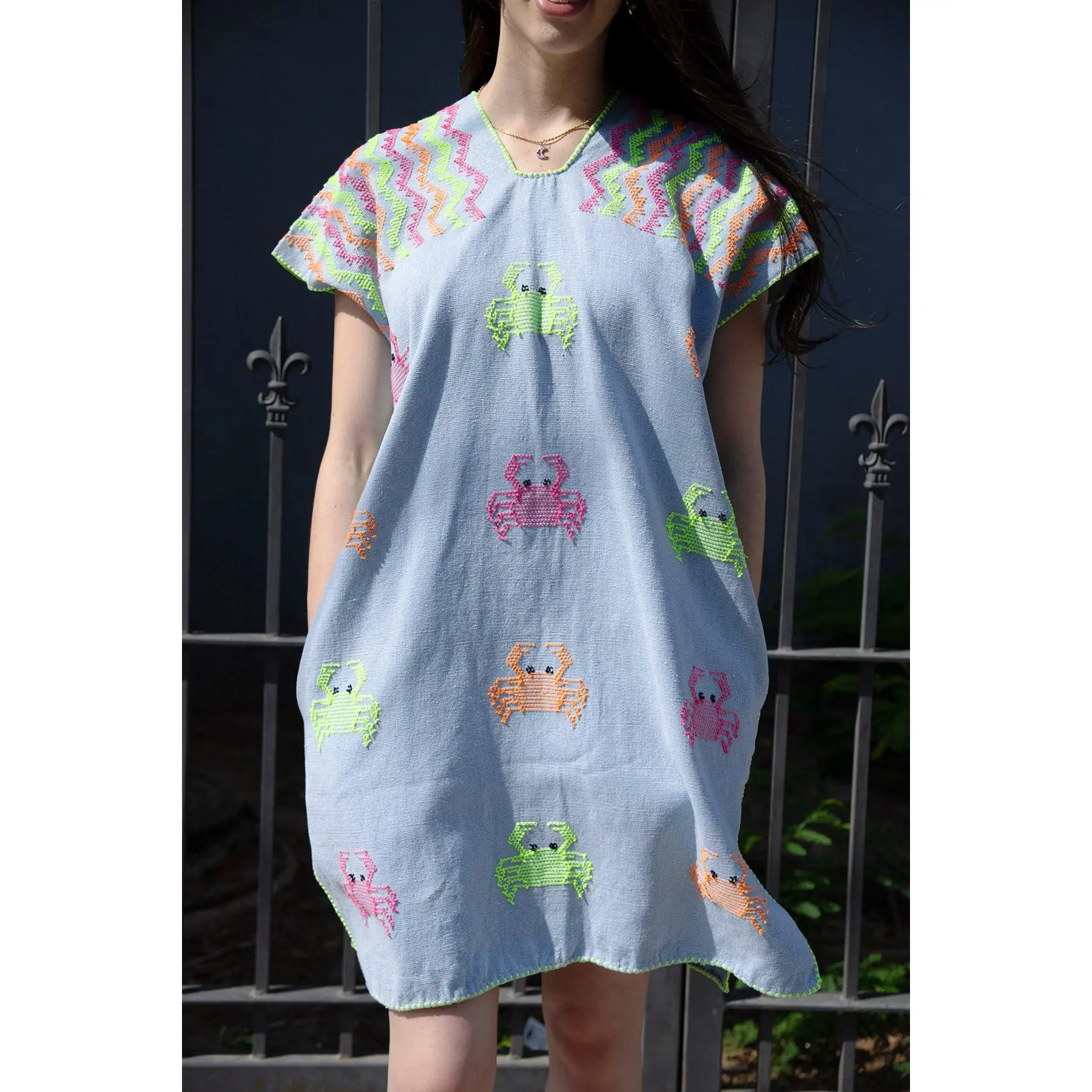 Women's Traditional Handmade in San Juan Colorado Amuzgo Huipil Cotton Casual Midaxi Dress - Embroidered with Neon Threads, Pockets, Embroidery, Fit, Beaded Embroidered Cotton Casual Dresses, Huipil Dress
