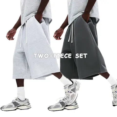 Men's 2-Piece Comfy Menswear Set - Plain, Loose-Fit, Mid-Length Straight-Leg Elastic Drawstring Lightweight Casual Shorts for Commuting, Outdoor Activities,sohochic