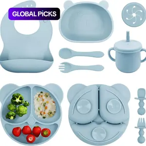 1 Set Solid Color Cartoon Silicone Baby Feeding Set with Bib, Solid Color Baby Feeding Utensils, Feeding Tray, Drinking Feeding Supplies #GLOBAL PICKS