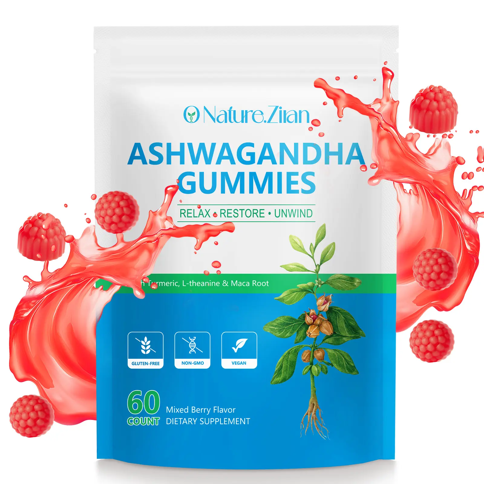 O NATURE ZIRAN KSM-66 Ashwagandha Chewable Wellness Supplements, 60 Pcs Vegan & Plant-Based Stress Aid Gummies for Relaxation, Mixed Berry Flavor, Male Support, Perfect Christmas Gift for Men Women