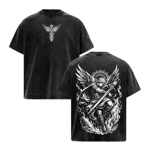Archangel Michael Vintage Washed Oversized Christian T-Shirt, Angel of Fire Faith Graphic Tee, Heavy Cotton Dark Scripture Streetwear Top, Unisex Retro Worship Shirt for Believers