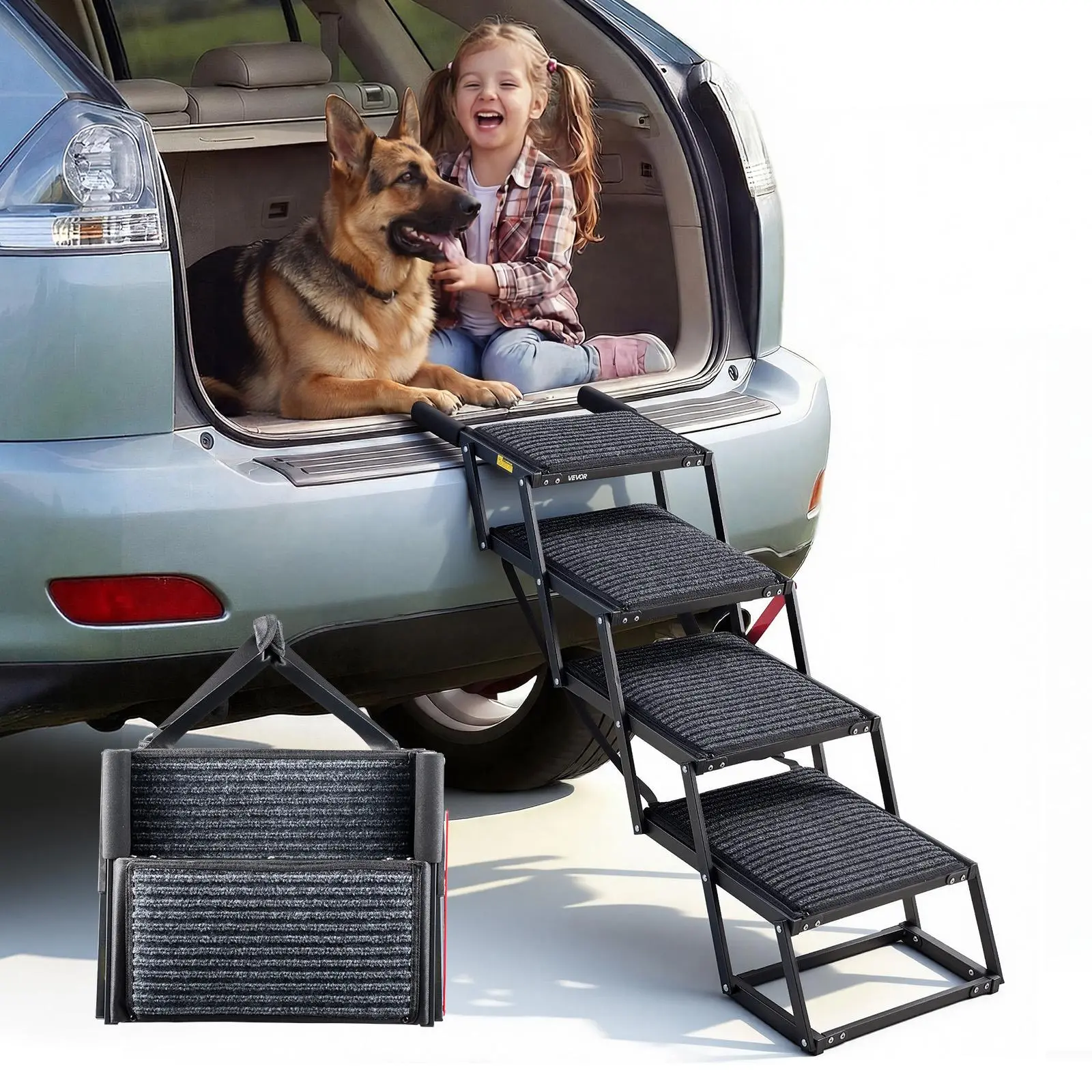 【SummerFinds】VEVOR Dog Stairs for Car, 4 Steps Extra Wide Foldable Dog Ramp for Large Dogs with Non-Slip Rug Surface, Portable Lightweight Pet Ladder for Car, SUV, Truck, High Beds, Sofas, Support up to 200 lbs