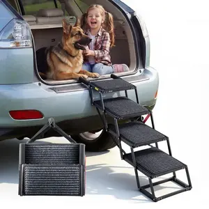 【FathersDayGift】VEVOR Dog Stairs for Car, 4 Steps Extra Wide Foldable Dog Ramp for Large Dogs with Non-Slip Rug Surface, Portable Lightweight Pet Ladder for Car, SUV, Truck, High Beds, Sofas, Support up to 200 lbs